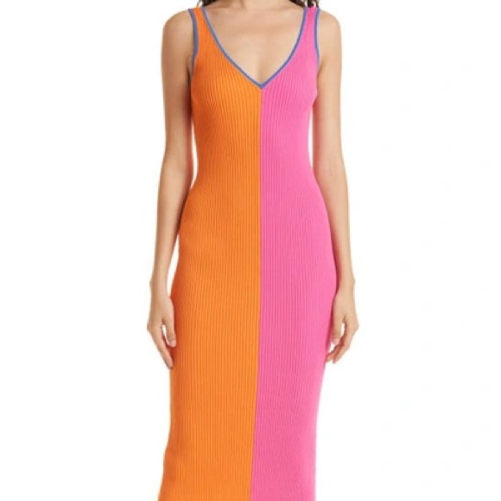 STAUD DANA COLORBLOCK RIBBED BODY-CON MIDI DRESS IN MAGENTA/ TANGERINE/ ROYAL